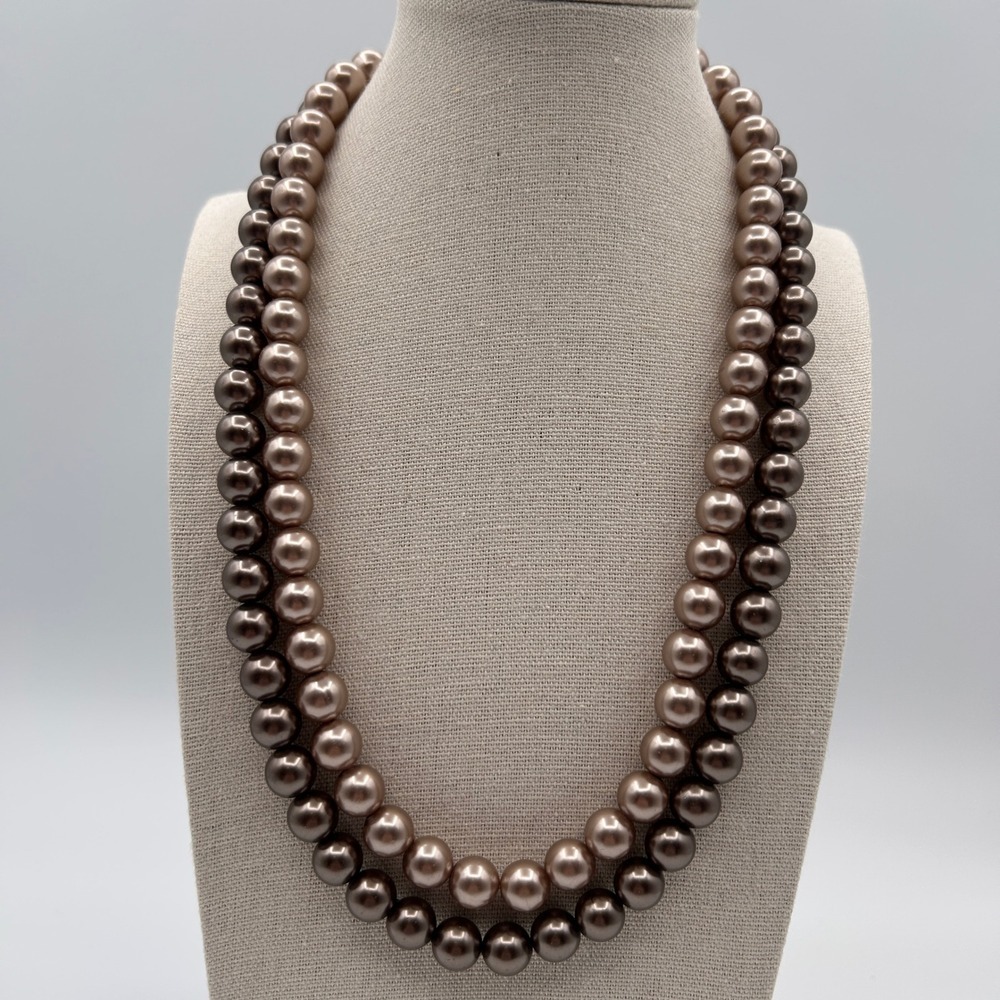 Vintage Hong Kong Double Strand Bronze Faux Pearl Necklace Mocha Brown Graduated